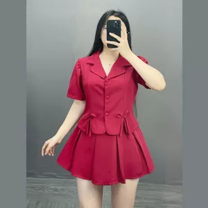 Bộ Áo Vet CropTop Nữ Bigsize Có Nơ Cúc Bọc Kết Hợp Với Chân Váy Xếp Ly Lưng Chun Sang Trọng Thanh Lịch SET72