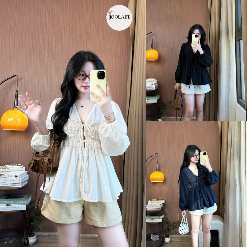 Áo Babydoll Joolate Cổ V Tay Dài Thắt Nơ Trước Nhún Eo Bèo Nhẹ Hàn Quốc Mặc Thu Đông Điệu Đà  02_P5K5