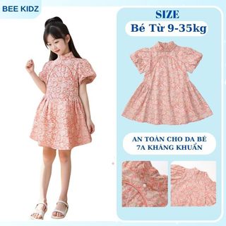 Váy Cho Bé Gái, Váy Bé Gái Thiết Kế Cổ Tàu Tay Phồng Tiểu Thư Chất Liệu Cotton Mềm Mịn