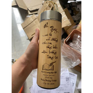 Combo quà tặng bình vỏ tre - bút tre, gỗ khắc tên, hình ảnh logo theo yêu cầu