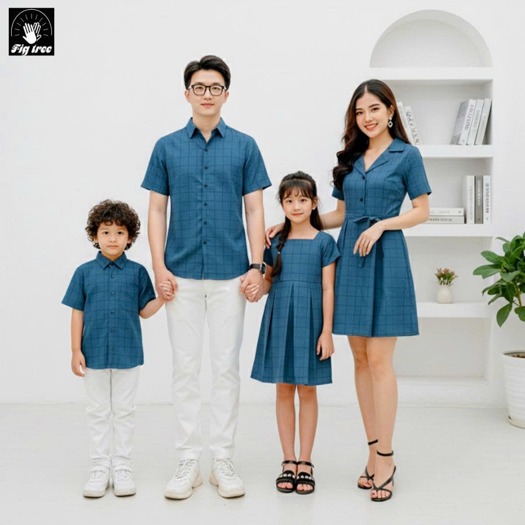 Đồng Phục Sơ Mi Gia Đình Nam Áo -Nữ Váy Sọc Caro Xanh ( MS :164A) Thương Hiệu Fig Tree