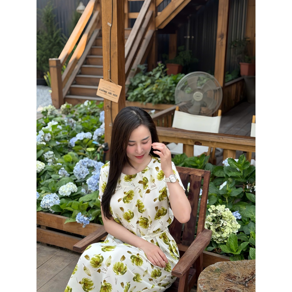 Váy Dài Họa Tiết, Chất liệu lụa Mango, Có Đai Thắt Eo Sang Trọng, Tôn Dáng, đầm cho mẹ, đầm du lịch mùa hè, đầm lụa