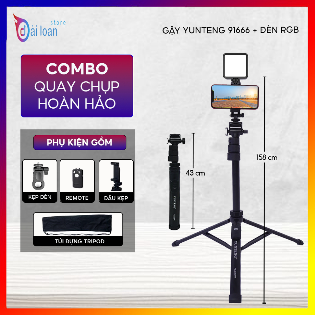 Combo Gậy VCT 91666 và Đèn RGB - Gậy chụp ảnh tích hợp 3 chân tripod kèm remote từ xa