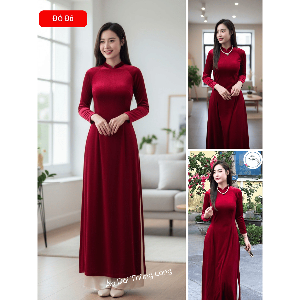 Áo dài truyền thống, Áo dài nhung cho mẹ, Áo dài cổ trụ, Áo dài chất liệu nhung tuyết mềm mịn, Áo dài Thăng Long
