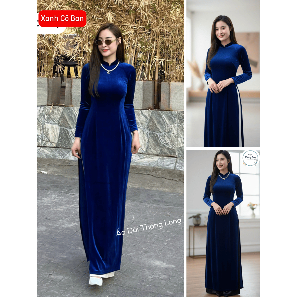 Áo dài truyền thống, Áo dài nhung cho mẹ, Áo dài cổ trụ, Áo dài chất liệu nhung tuyết mềm mịn, Áo dài Thăng Long