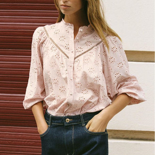 Áo Sơ mi Zara made in Morocco thêu đột rỗng cổ tròn bèo màu nhẹ nhàng