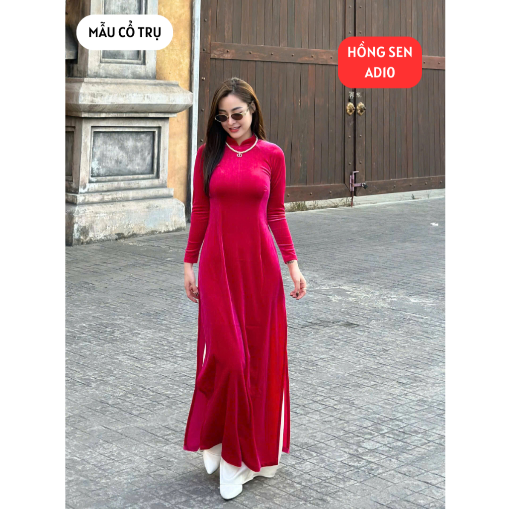 Áo dài truyền thống, Áo dài nhung cho mẹ, Áo dài cổ trụ, Áo dài chất liệu nhung tuyết mềm mịn, Áo dài Thăng Long
