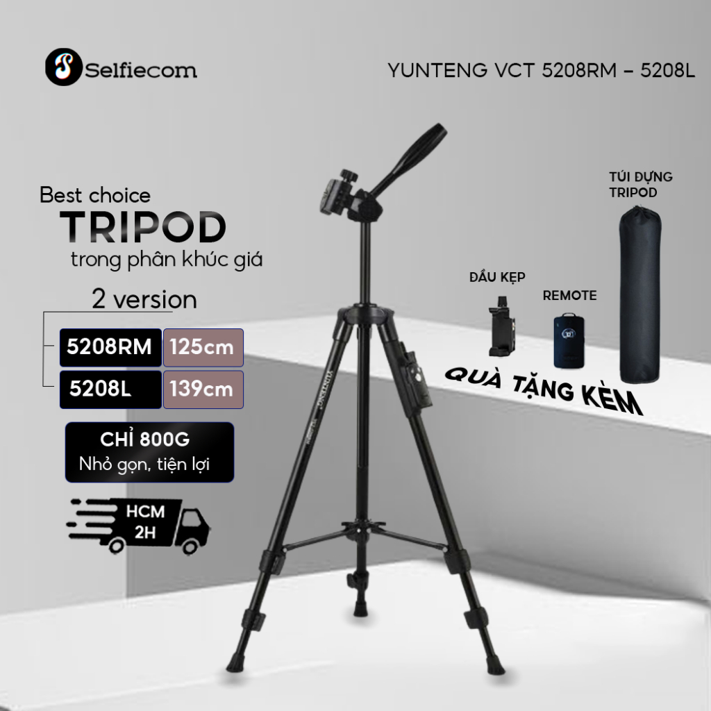 Tripod Yunteng VCT-5208 - Chân Đế Quay Chụp 3 Chân Gọn Nhẹ, Đa Năng, Chụp Ảnh Video