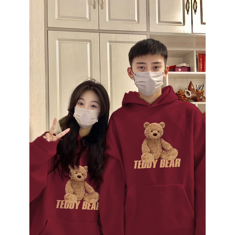 Áo cặp đôi HappyFamily - Áo đôi Hoodie Chú Gấu Teddy Bear dễ thương – Áo cặp nam nữ màu đỏ dài tay