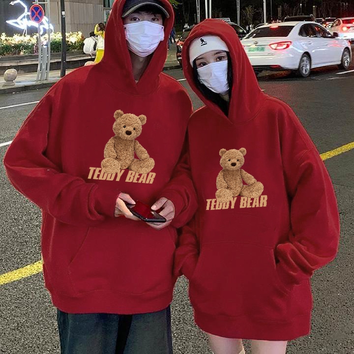 Áo cặp đôi HappyFamily - Áo đôi Hoodie Chú Gấu Teddy Bear dễ thương – Áo cặp nam nữ màu đỏ dài tay