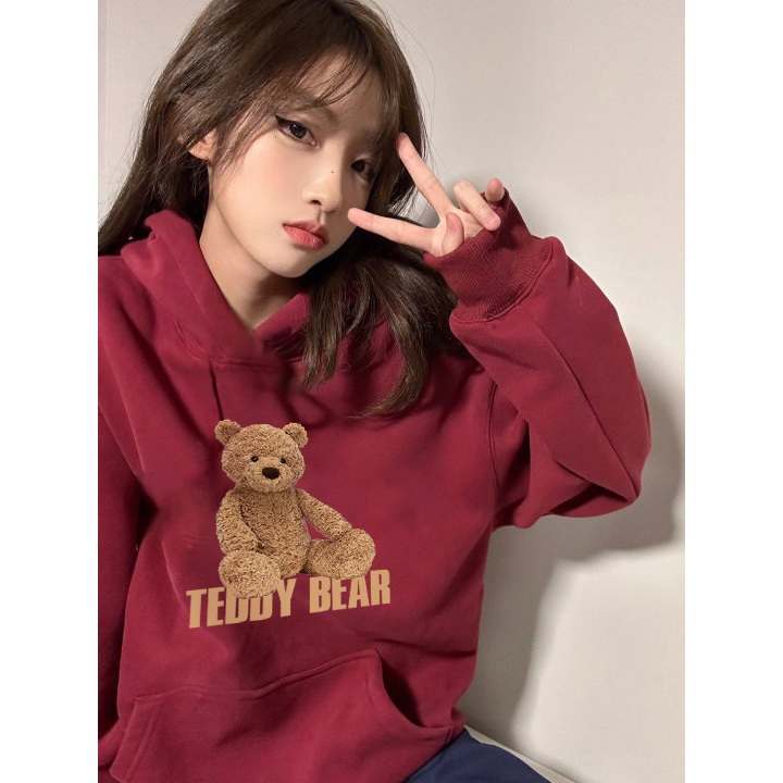 Áo cặp đôi HappyFamily - Áo đôi Hoodie Chú Gấu Teddy Bear dễ thương – Áo cặp nam nữ màu đỏ dài tay