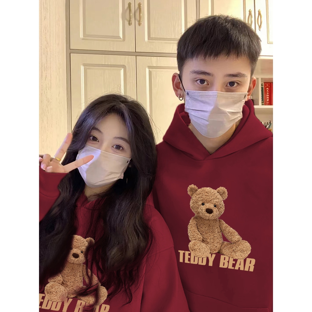 Áo cặp đôi HappyFamily - Áo đôi Hoodie Chú Gấu Teddy Bear dễ thương – Áo cặp nam nữ màu đỏ dài tay