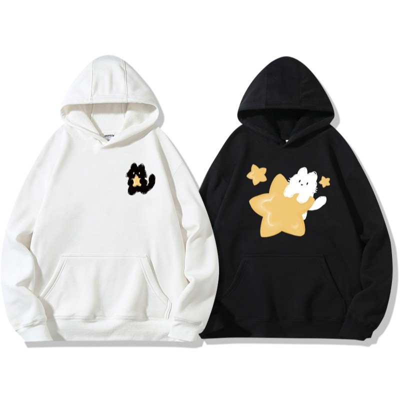 Áo cặp đôi HappyFamily  - Áo Hoodie cặp đôi mẫu Chú Mèo - Mặt Trang cute chất Nỉ 2 màu Đen Trắng