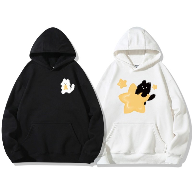Áo cặp đôi HappyFamily  - Áo Hoodie cặp đôi mẫu Chú Mèo - Mặt Trang cute chất Nỉ 2 màu Đen Trắng