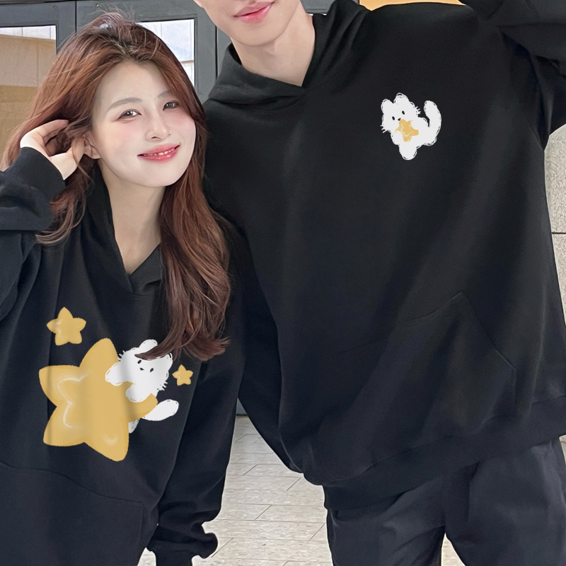 Áo cặp đôi HappyFamily  - Áo Hoodie cặp đôi mẫu Chú Mèo - Mặt Trang cute chất Nỉ 2 màu Đen Trắng