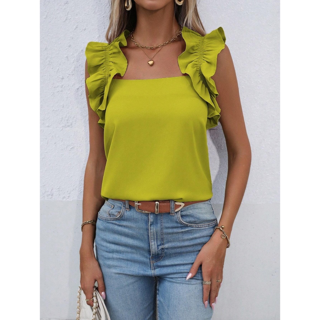 Áo Blouse Nữ Màu Trơn Phối Viền Bèo Nhún - Áo Sơ Mi Tay Bèo Dáng Suông Thanh Lịch YN024