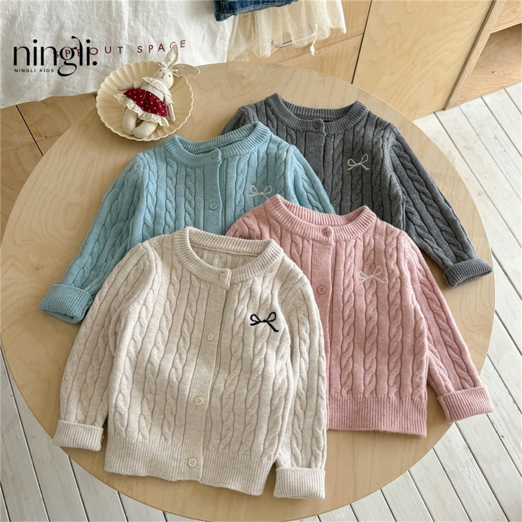 (Sẵn 110,140) Cardigan len vặn thừng thêu hình nơ tiểu thư mùa thu - đông dành cho bé gái
