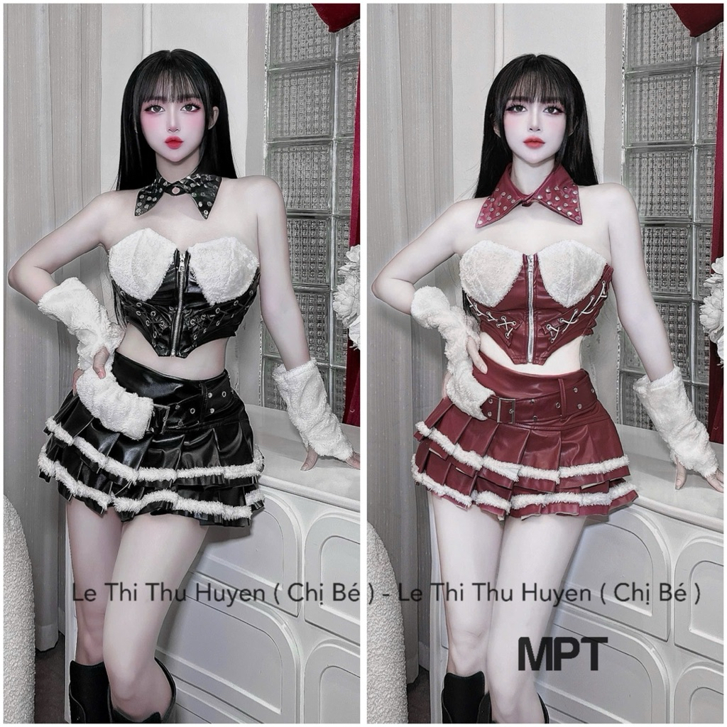 Set váy da phối tay lông kèm đai tay rời siu chất