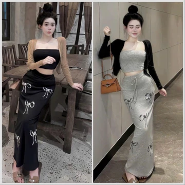 Set Váy Ôm Tôn Dáng Ba Món Gồm Áo Cúp có Đệm chân váy in nơ dáng dài kèm khoác ngoài thun tăm, Set Cúp Váy Nơ