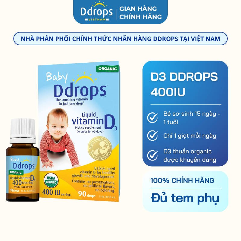 Combo 2 lọ D3 Thuần Organic Ddrops 400IU dạng lỏng nhỏ giọt tăng sức đề kháng cho bé <1y