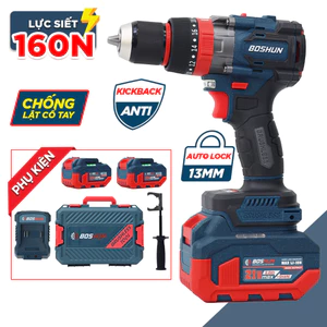 Máy Khoan Pin BOSHUN BS-ID160PRO 21V Không Chổi Than, 3 Chức Năng, 160Nm, Đầu Kẹp 13mm, Antikickback, Kèm Phụ Kiện