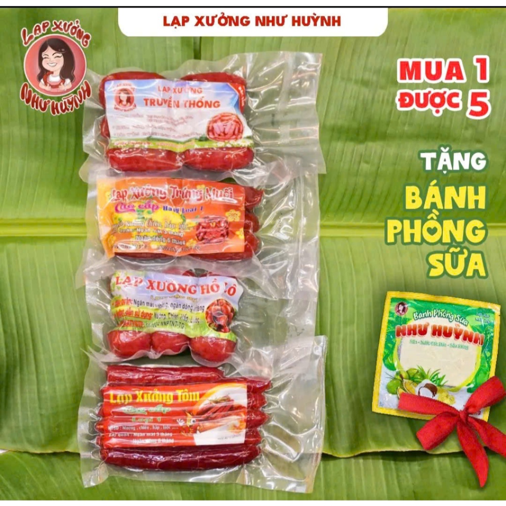 Lạp Xưởng Như Huỳnh 4 Vị (Truyền thống, Hồ Lô, Trứng Muối, Tôm) – Combo 250g Tặng Bánh Phồng 100g