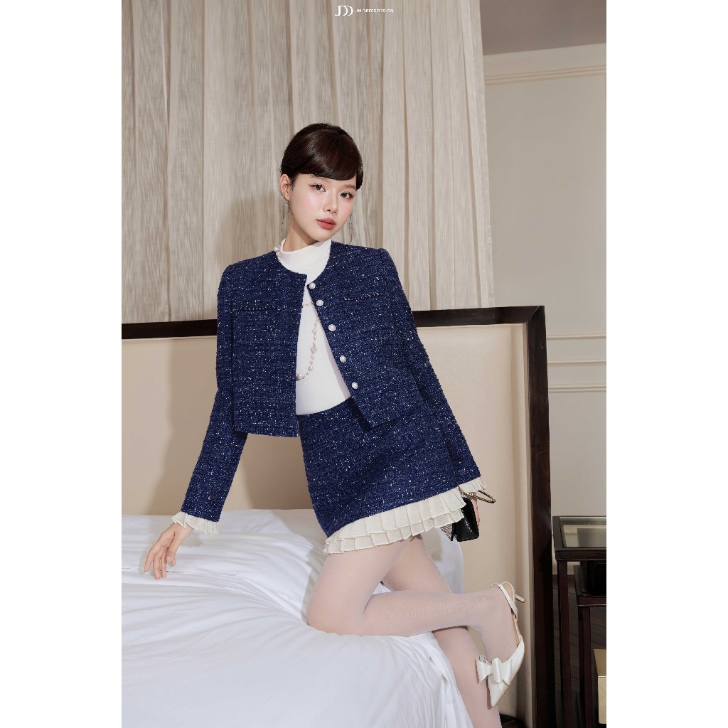 Set Áo Tweed Cổ Tròn Túi Ốp Phối Ren 5T02.2509K, Chân Váy Tweed Phối Bèo Xếp Ly 4S28.2509K. Set Đồ Thanh Lịch Dự Tiệc JM