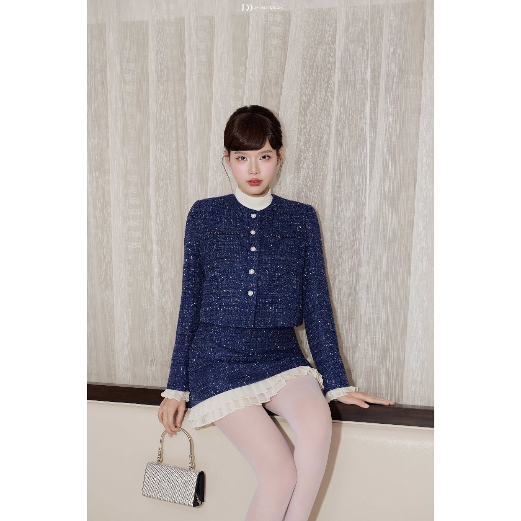 Set Áo Tweed Cổ Tròn Túi Ốp Phối Ren 5T02.2509K, Chân Váy Tweed Phối Bèo Xếp Ly 4S28.2509K. Set Đồ Thanh Lịch Dự Tiệc JM