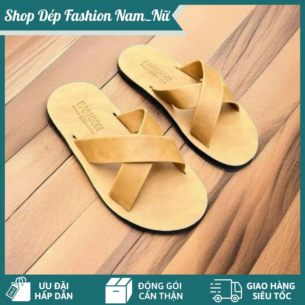 Dép Sandal Da Bò – Quai Chéo Thời Trang, Chống Thấm, Màu Vàng Bò | Shop Dép Fashion Nam_Nữ