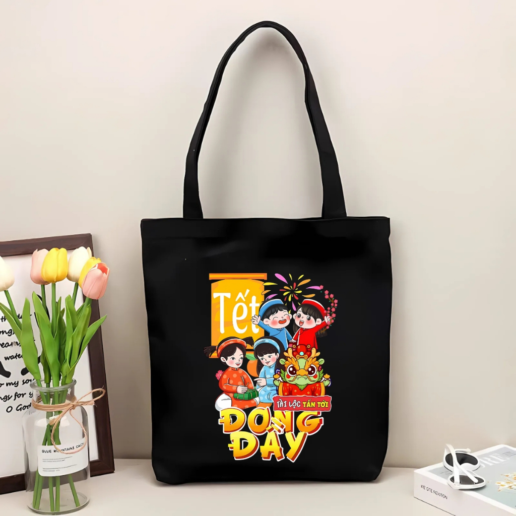 Túi tote có khóa kéo đựng quà TẾT - Túi vải bố vải canvas chúc mừng năm mới Happy New Year 2026 35x40cm tota0261