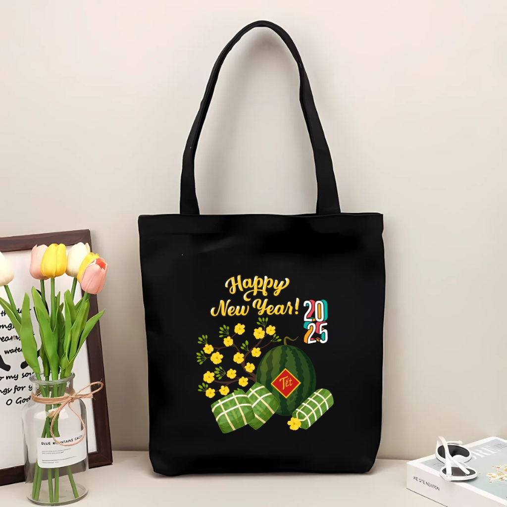 Túi tote có khóa kéo đựng quà TẾT - Túi vải bố vải canvas chúc mừng năm mới Happy New Year 2026 35x40cm tota0261