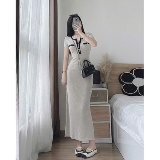 Đầm thời trang nữ cho chị em thích sự đơn giản chất Thun gân mịn màn tay ngắn cổ tròn có nút cài váy maxi dáng suông