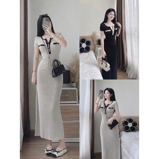 Đầm thời trang nữ cho chị em thích sự đơn giản chất Thun gân mịn màn tay ngắn cổ tròn có nút cài váy maxi dáng suông