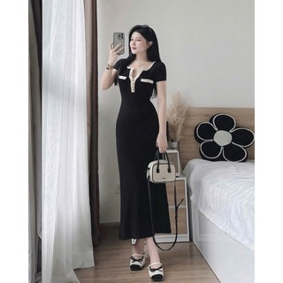 Đầm thời trang nữ cho chị em thích sự đơn giản chất Thun gân mịn màn tay ngắn cổ tròn có nút cài váy maxi dáng suông