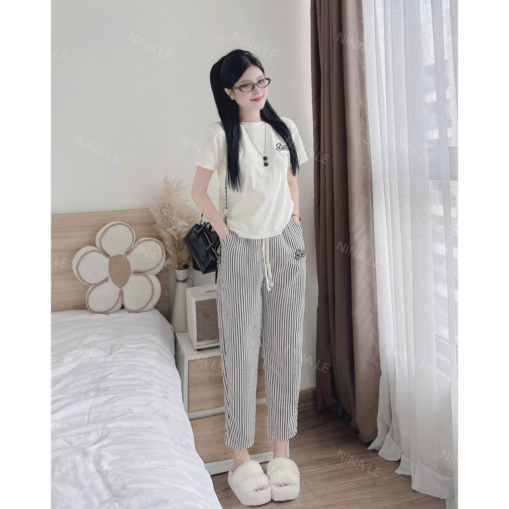 đồ bộ nữ áo thun cộc tay +  quần sọc xốp from baggy siêu xinh, set đồ nữ mặc nhà, dạo phố