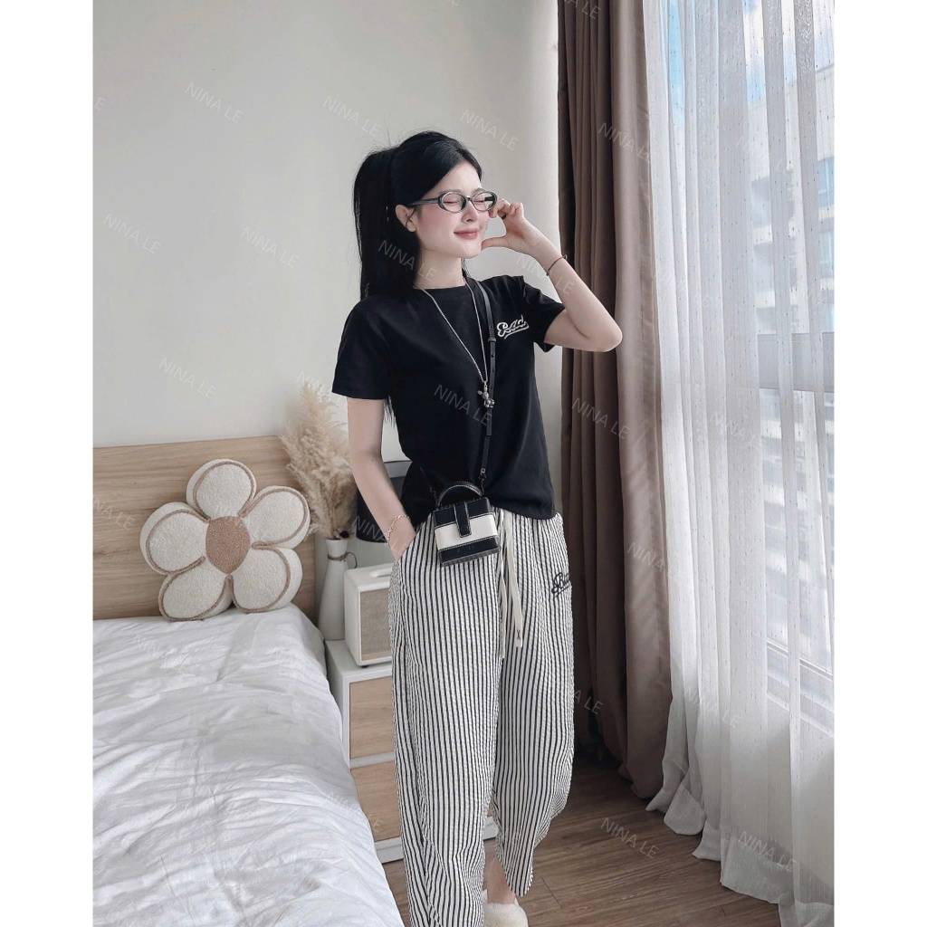 đồ bộ nữ áo thun cộc tay +  quần sọc xốp from baggy siêu xinh, set đồ nữ mặc nhà, dạo phố