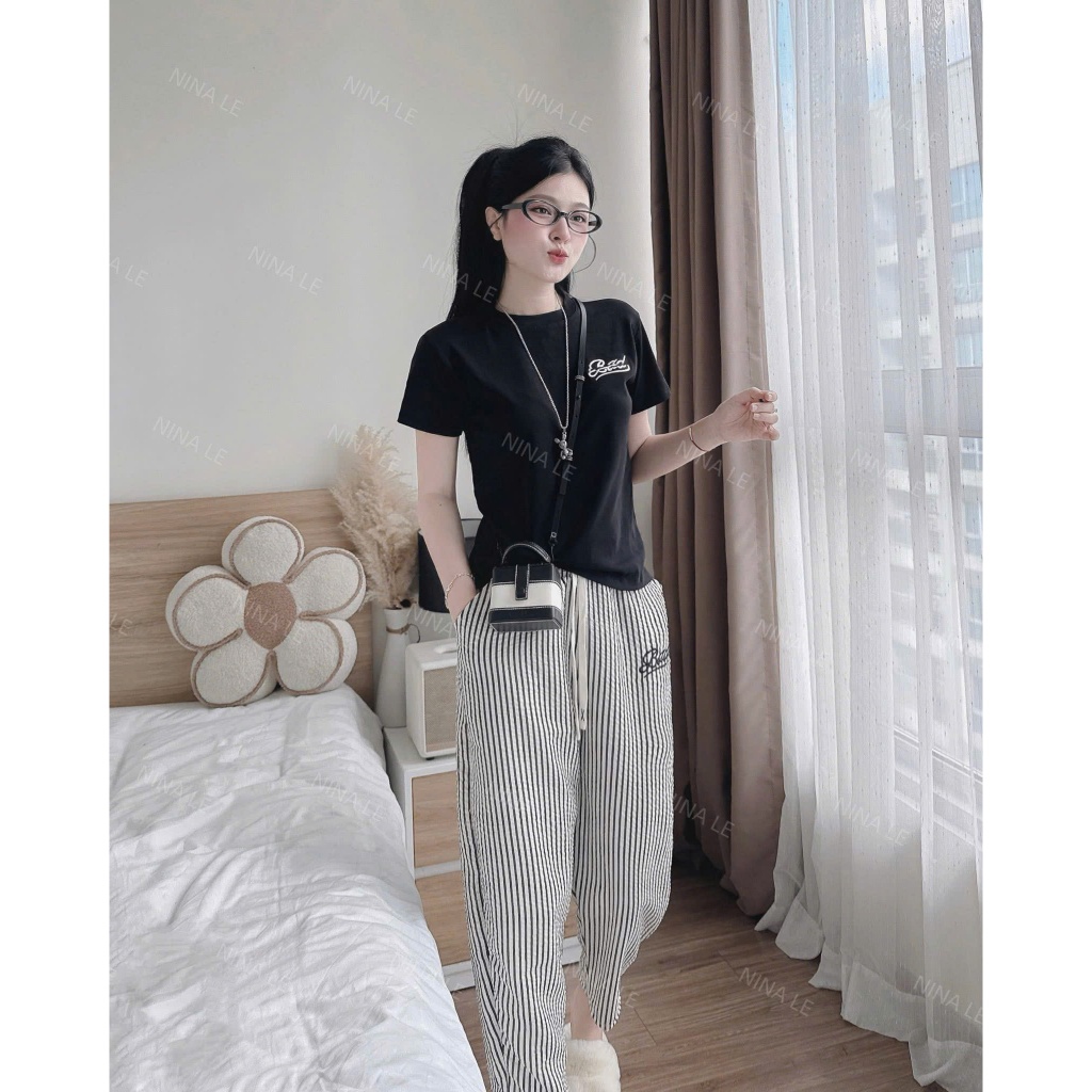 đồ bộ nữ áo thun cộc tay +  quần sọc xốp from baggy siêu xinh, set đồ nữ mặc nhà, dạo phố