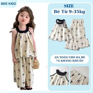 Đồ Bộ Bé Gái, Sét Áo Cổ Yếm Kèm Quần Ống Suông Cho Bé Gái Họa Tiết Nơ Xinh Xắn Chất Liệu Cotton Mềm