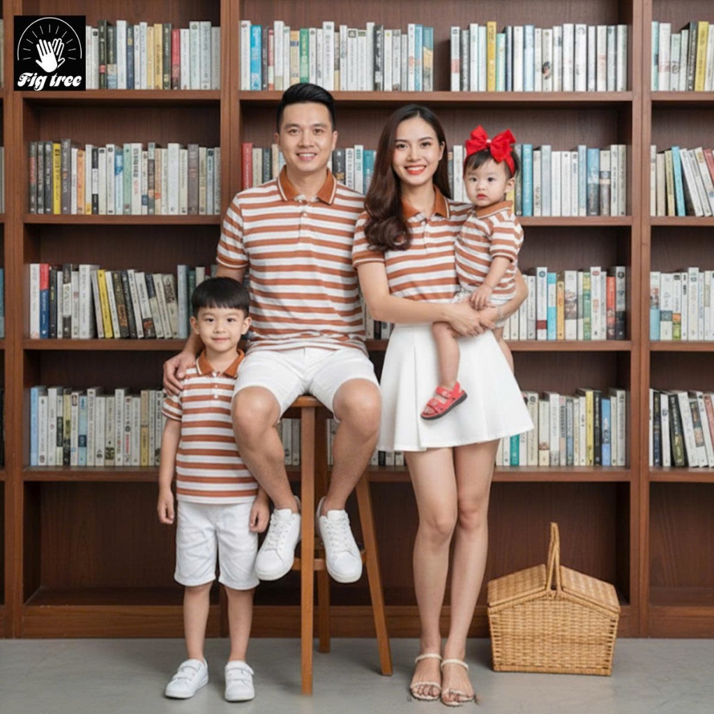 Áo Gia Đình Fig Tree Thun Polo Cotton Sọc Cam Trắng Tươi Mát Đón hè, Vải Co Giãn, Nhiều size