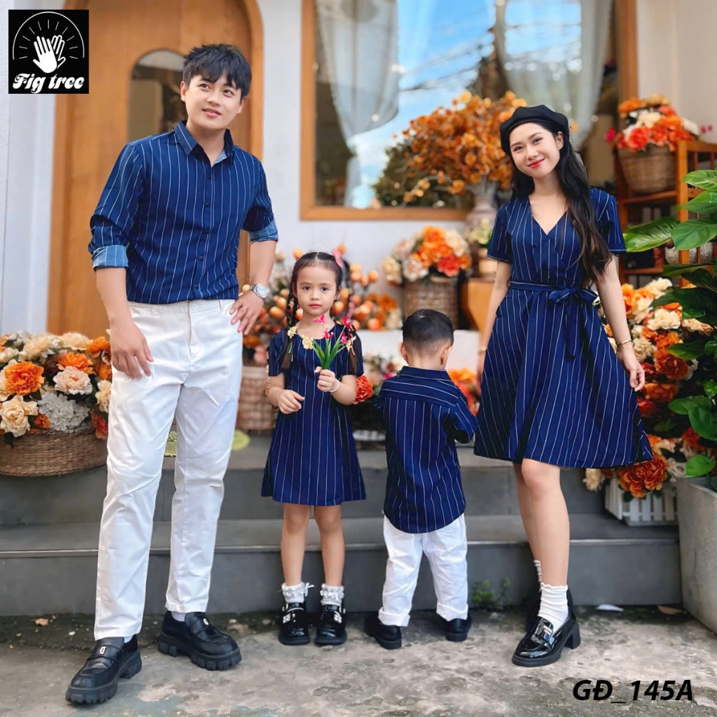 Đồng Phục Sơ Mi Váy Gia Đình Fig Tree Sọc Xanh Cao Cấp Sang Trọng, Chất mềm mát, Có size (Mã 145A)