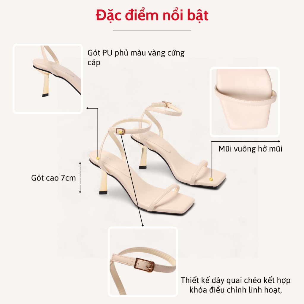 Giày Sandal Nữ Cao Gót 7cm Quai Mảnh Gót Vàng Mũi Vuông Hở Ngón Thời Trang Pixie H407