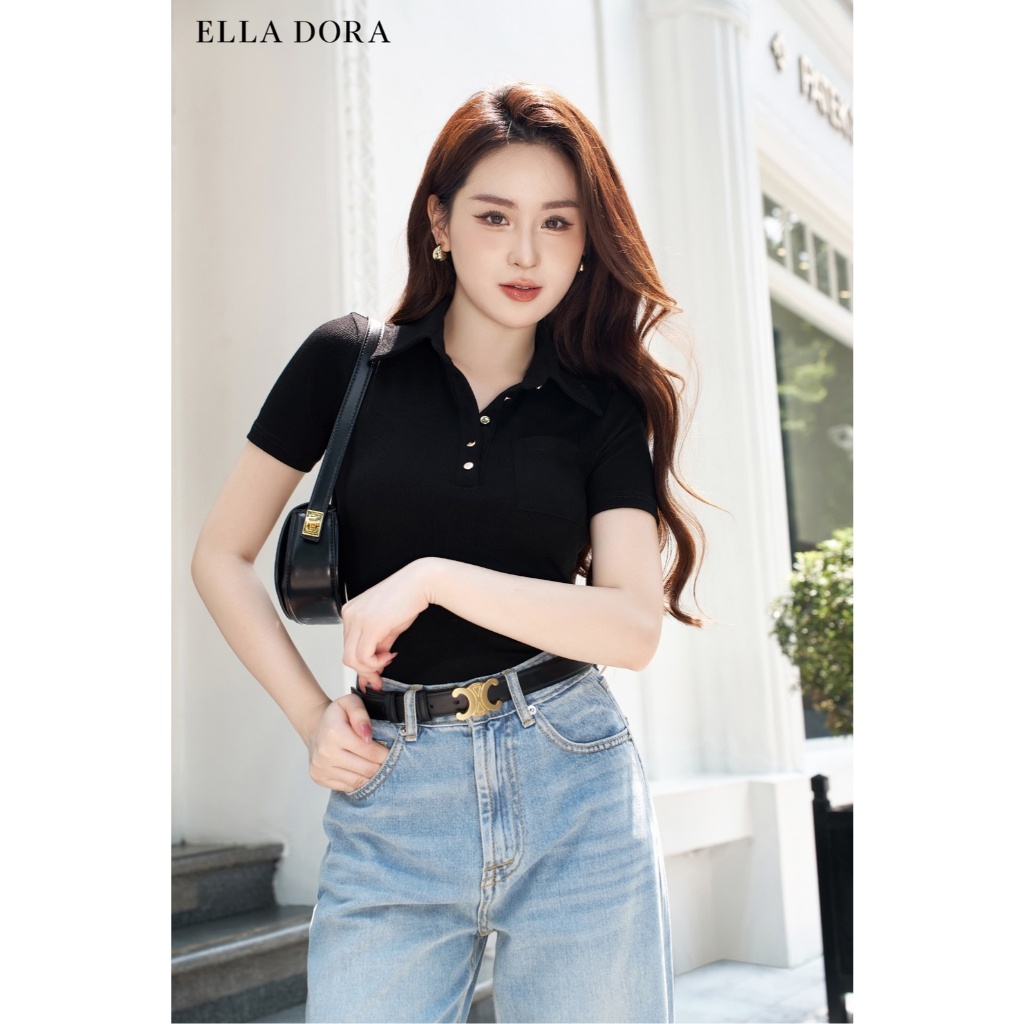 Áo thun ELLA DORA thiết kế cổ polo 1 túi ngực phong cách thanh lịch hiện đại 3 màu ĐỎ/ ĐEN/ BE[AT43]