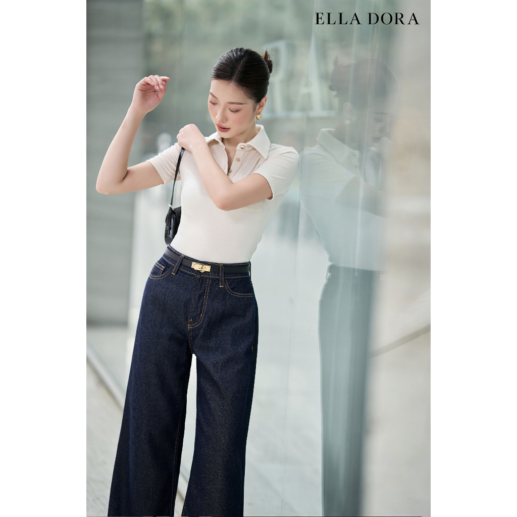 Quần jean nữ ELLA DORA thiết kế ống rộng llưng cao dáng dài thanh lịch sang trọng màu XANH ĐẬM [J02]