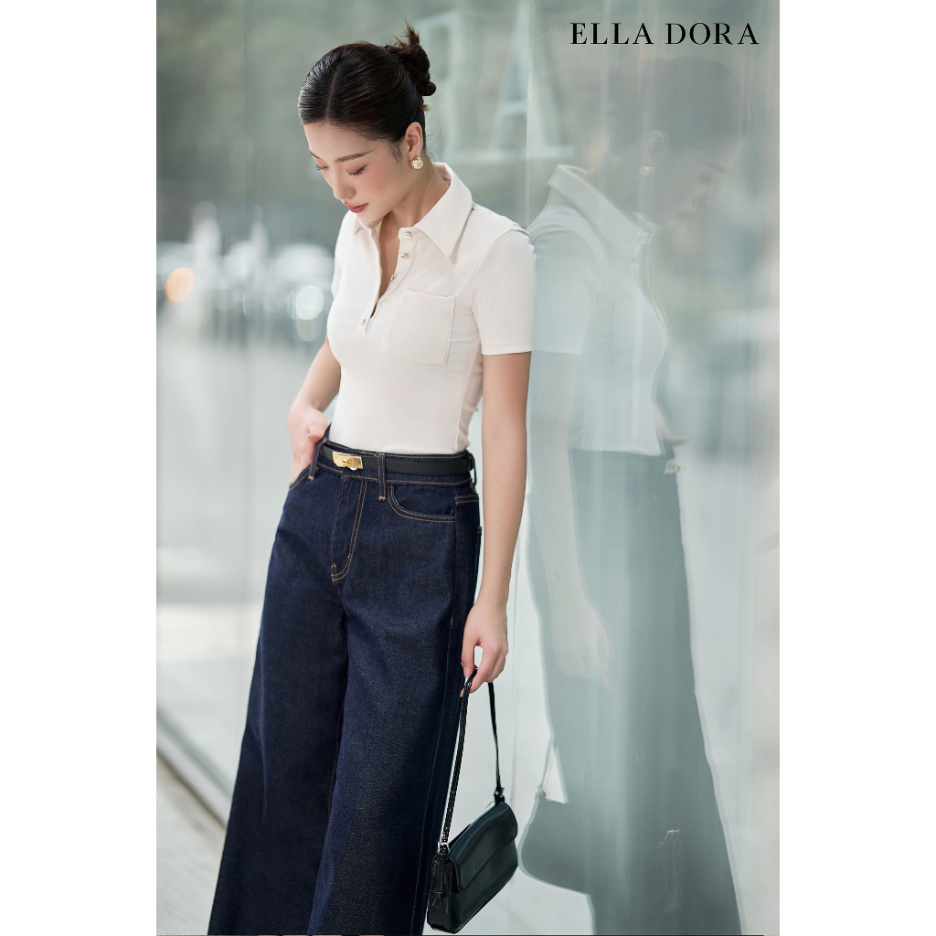 Áo thun ELLA DORA thiết kế cổ polo 1 túi ngực phong cách thanh lịch hiện đại 3 màu ĐỎ/ ĐEN/ BE[AT43]