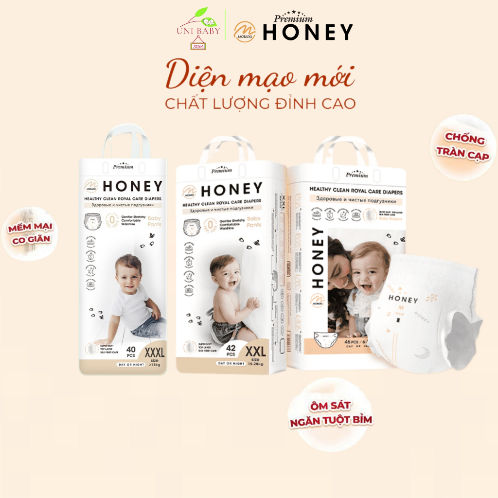 Tã bỉm Honey Premium quần và dán chính hãng cho bé đủ size, mẫu mới siêu mềm mịn, đai quần co giãn