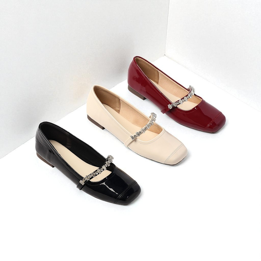 Giày Búp Bê Nữ Đế Bệt Quai Ngang Đính Đá Da Bóng Thời Trang Sành Điệu Pixie H397