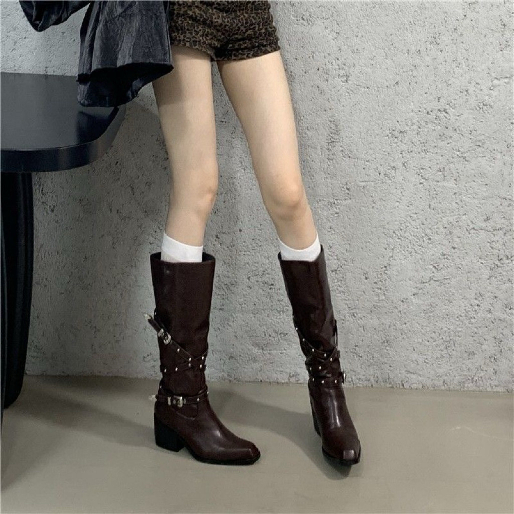 Giày Bốt Cổ Cao Retro Hot Girl Khoá Thắt Lưng Phong Cách Hàn Quốc