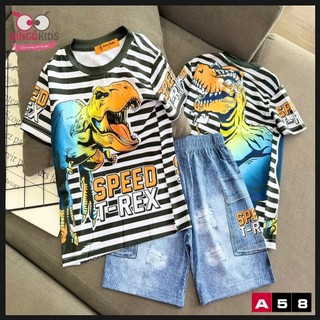 [10-45kg] Đồ bé trai thun lạnh in 3D giả jean hoạt hình xe khủng long siêu nhân 3D