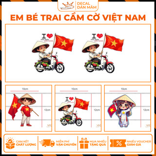 Tem bé trai cầm cờ Việt Nam, Chất liêu decal PVC chống thấm nước, bền màu