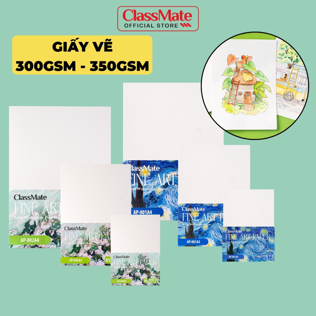 Giấy Vẽ Màu Nước CLASSMATE Giấy A5 A6 A4 Giấy Vẽ 350gsm 300gsm Vẽ Màu Gouache, Màu Acrylic.. Không Thấm Sang Mặt Sau